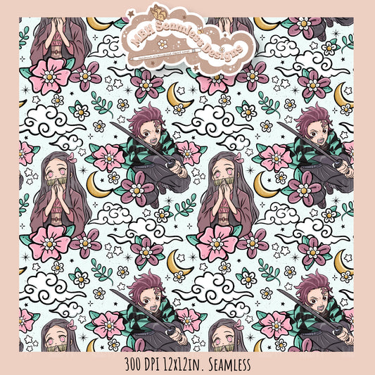 Tanjiro Nezuko Floral Seamless Pattern // MULTIPLE COLORWAY OPTIONS