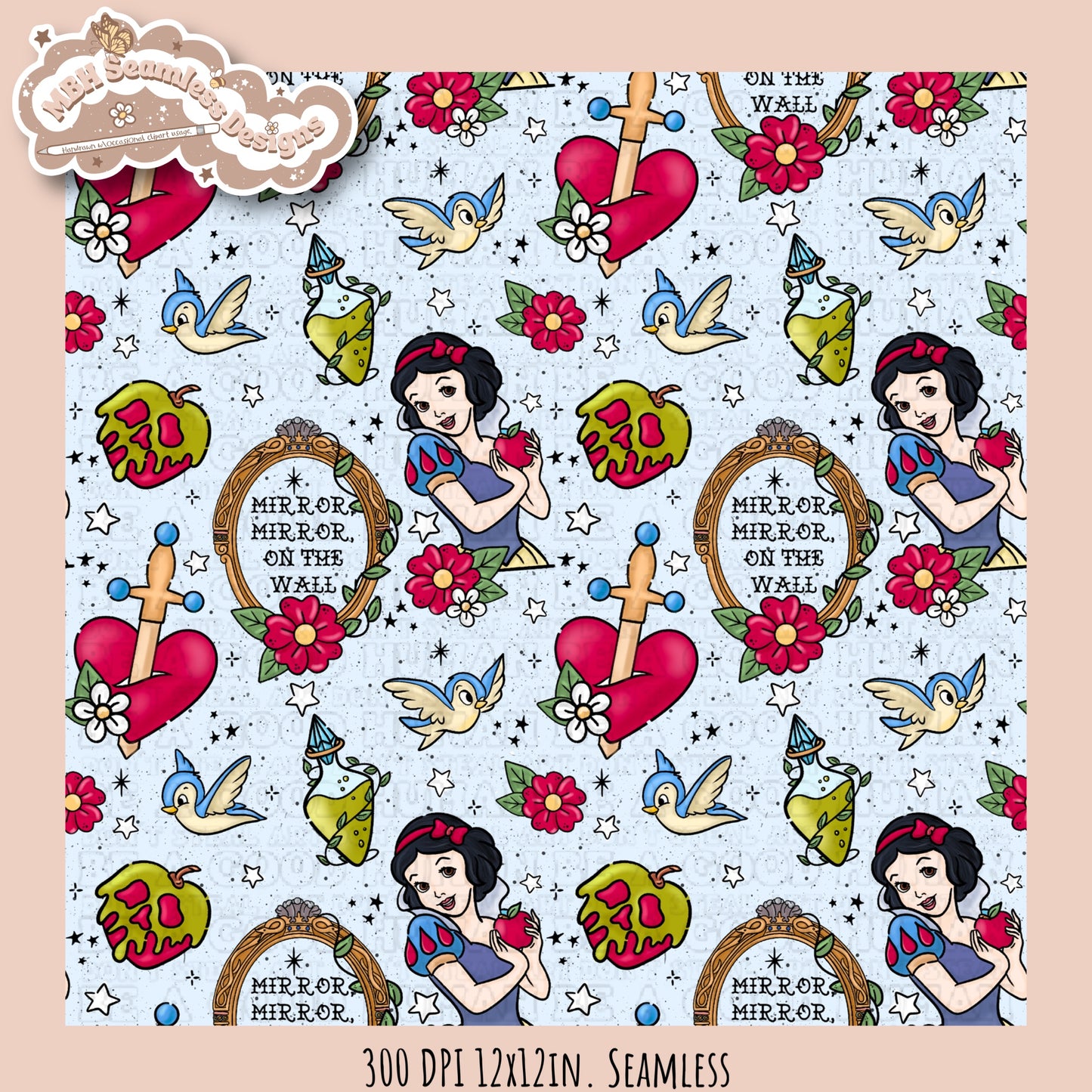 Snow White Tattoo Floral Seamless Pattern MULTIPLE COLORWAYS