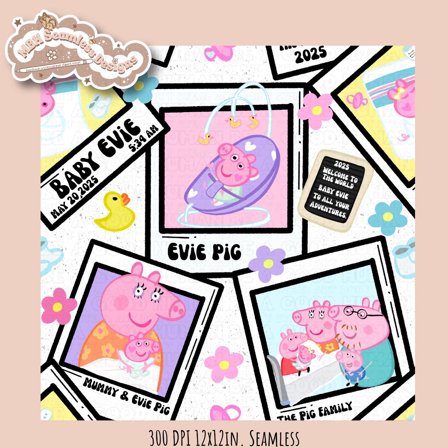 Black Outline Evie Pig Polaroids Seamless Pattern • Multiple Colorway Options