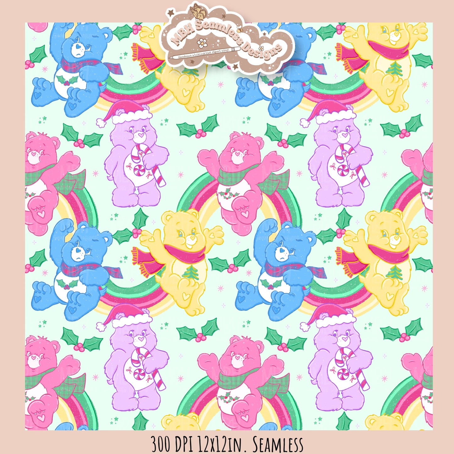 Holiday Care Bears Seamless Pattern // Assorted Colorway Options