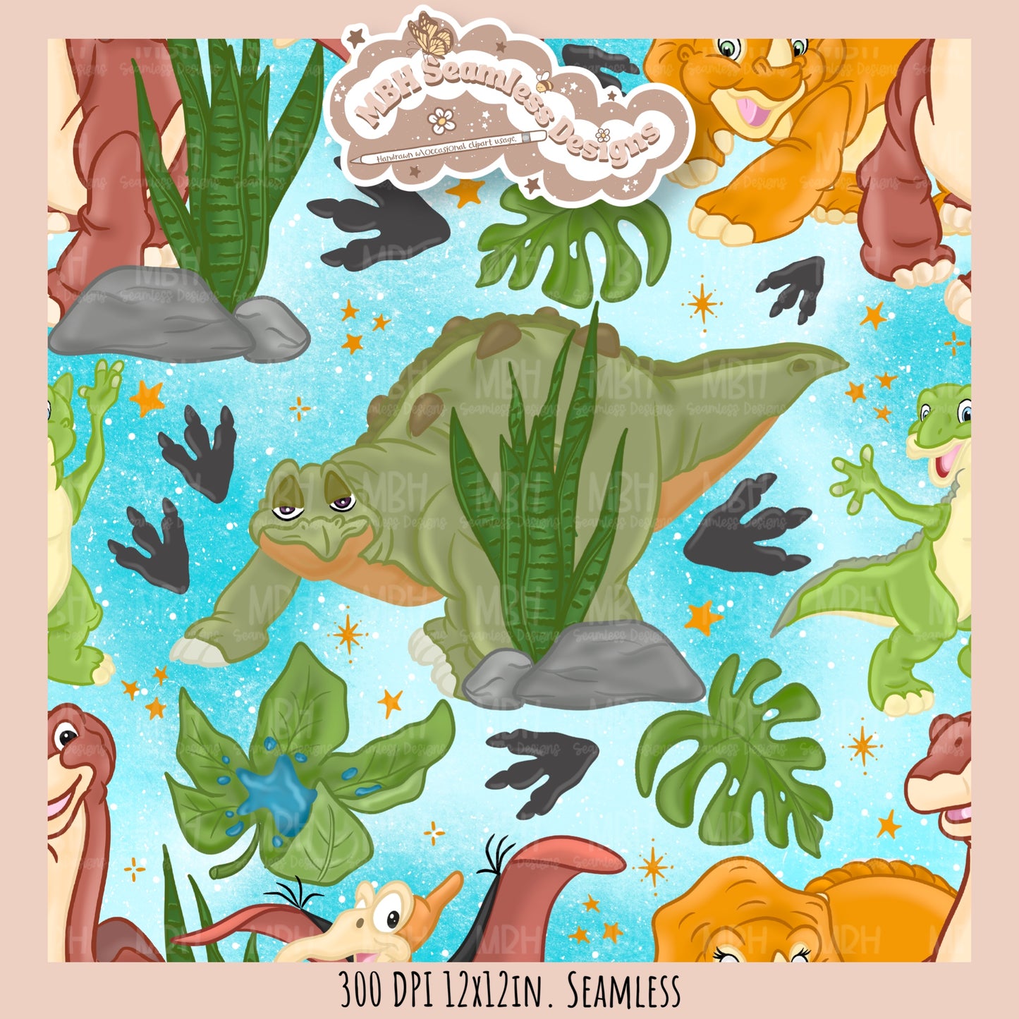 Starry LBT Dinosaurs Seamless Pattern // Multiple Colorway Options