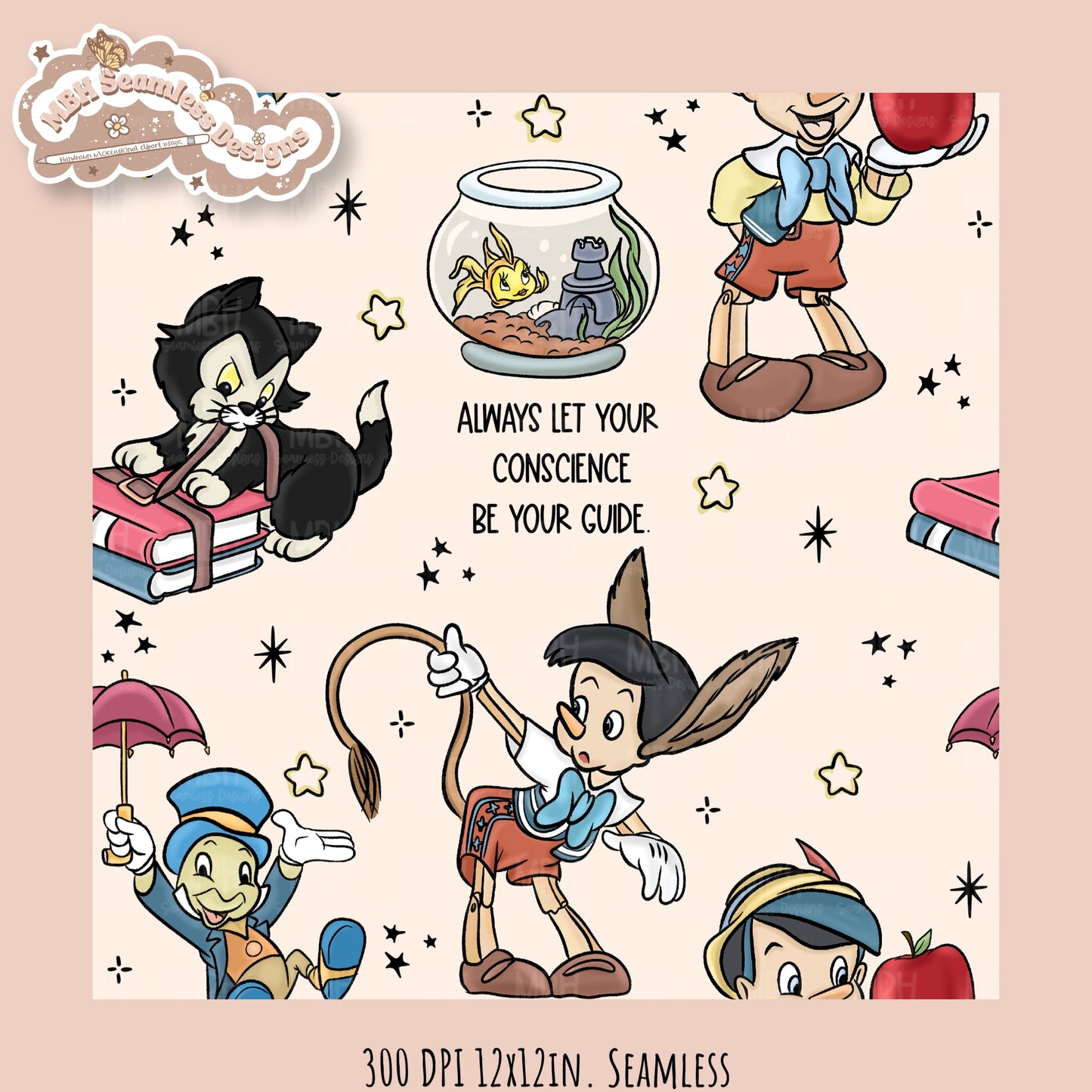 Starry Pinnochio Seamless Pattern // Assorted Colorways