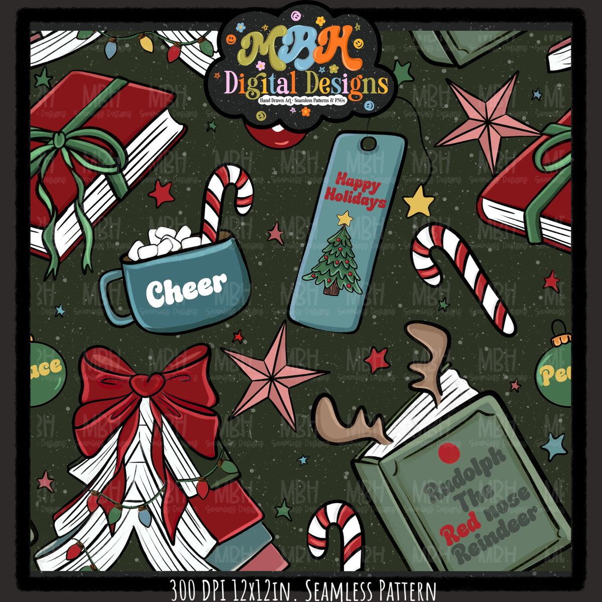 Moody Bookish Christmas Seamless Pattern // MULTIPLE COLORWAYS