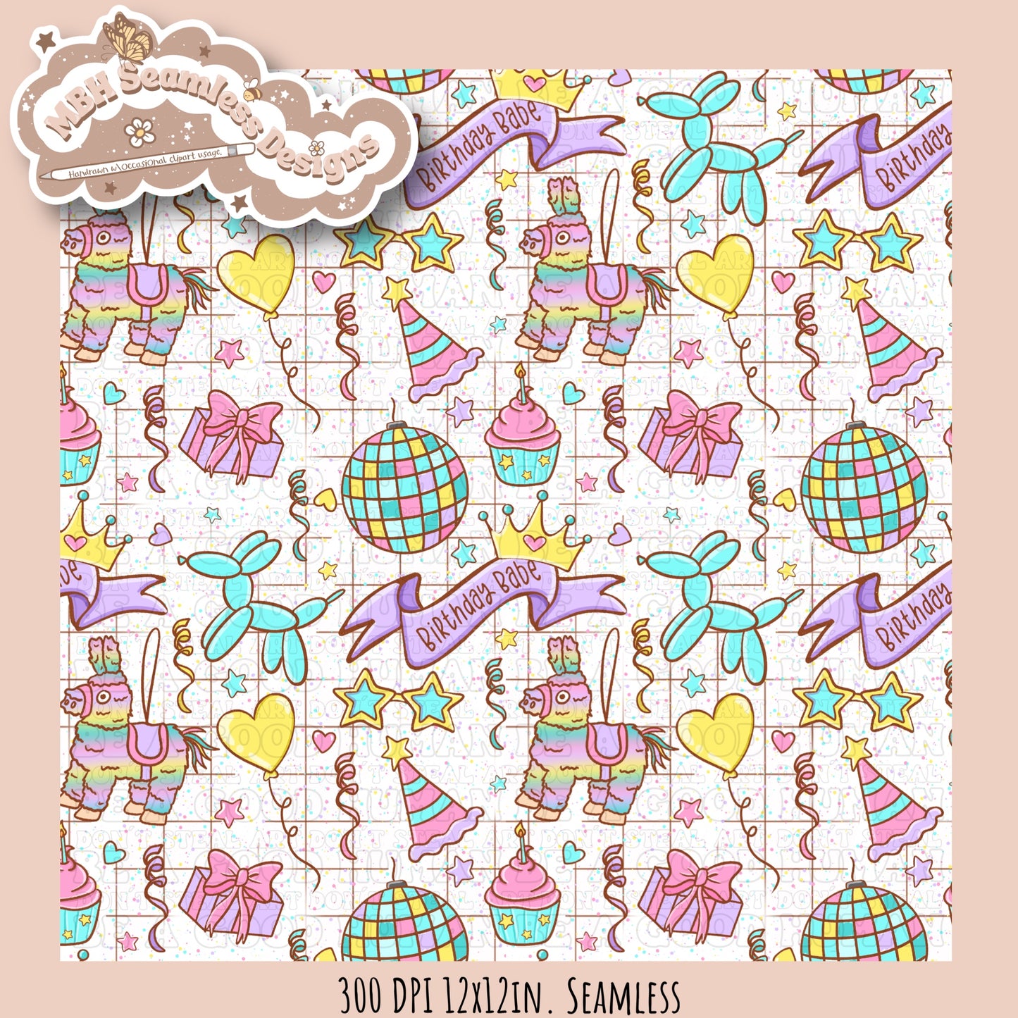 Girly Birthday Babe Seamless Pattern & PNG MULTIPLE COLORWAY OPTIONS