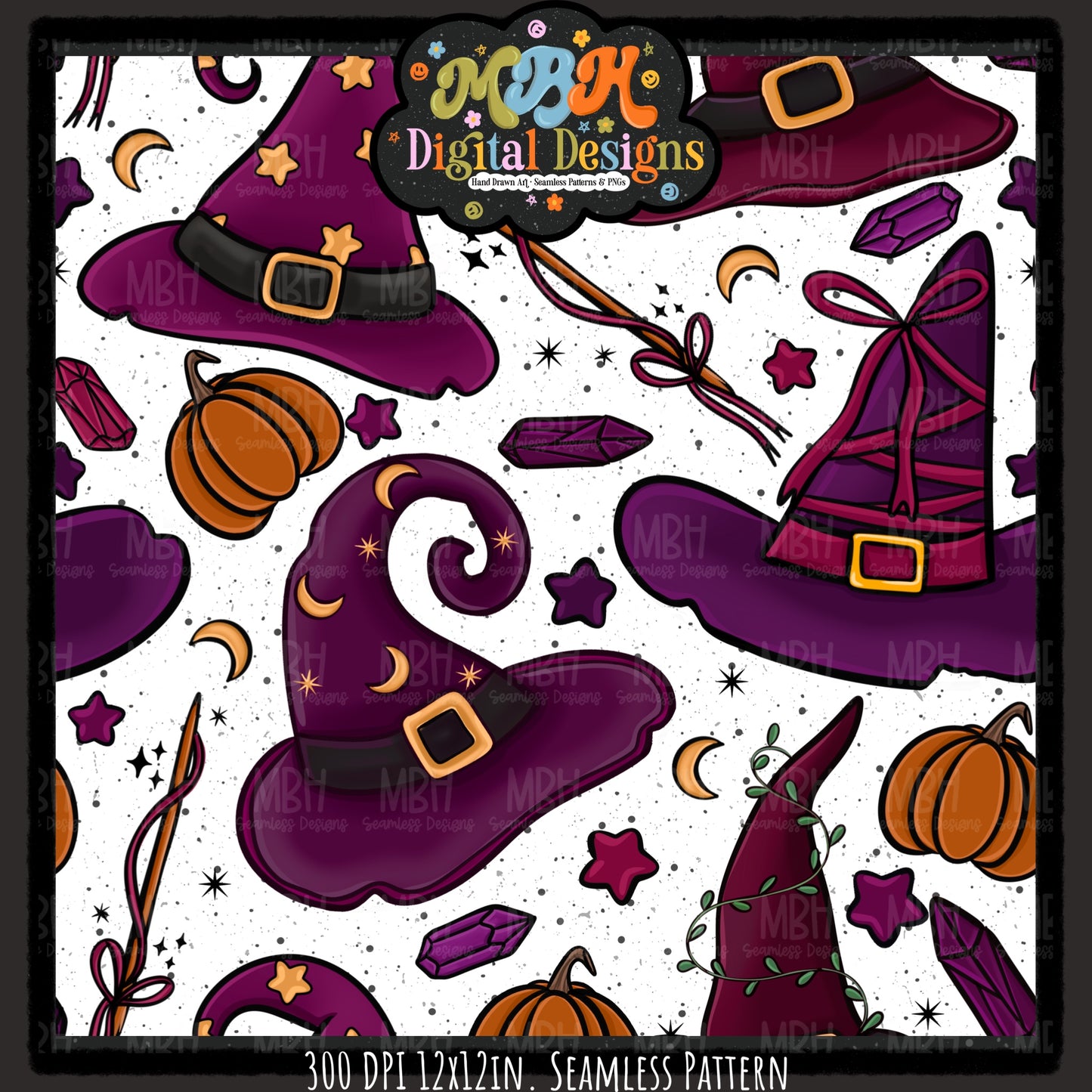 Witch Hats and Pumpkins Seamless Pattern // PNG // MULTIPLE COLORWAYS