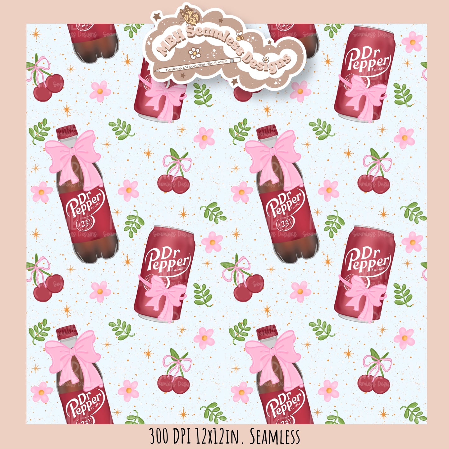 Coquette Dr. Pepper Floral Seamless Pattern // Multiple Colorway Options