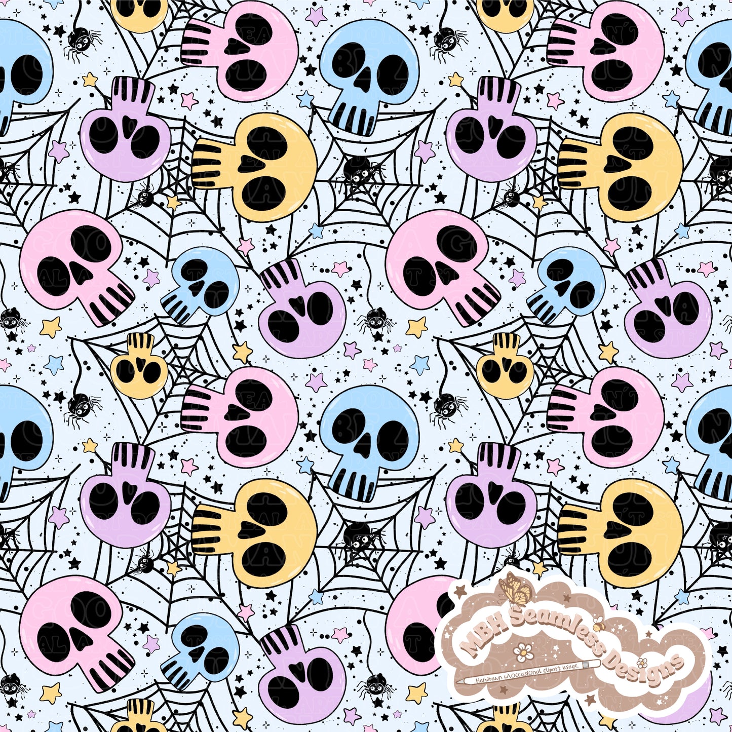 Pastel Spiderweb Skulls Seamless Pattern & COORDS MULTIPLE  COLORWAYS