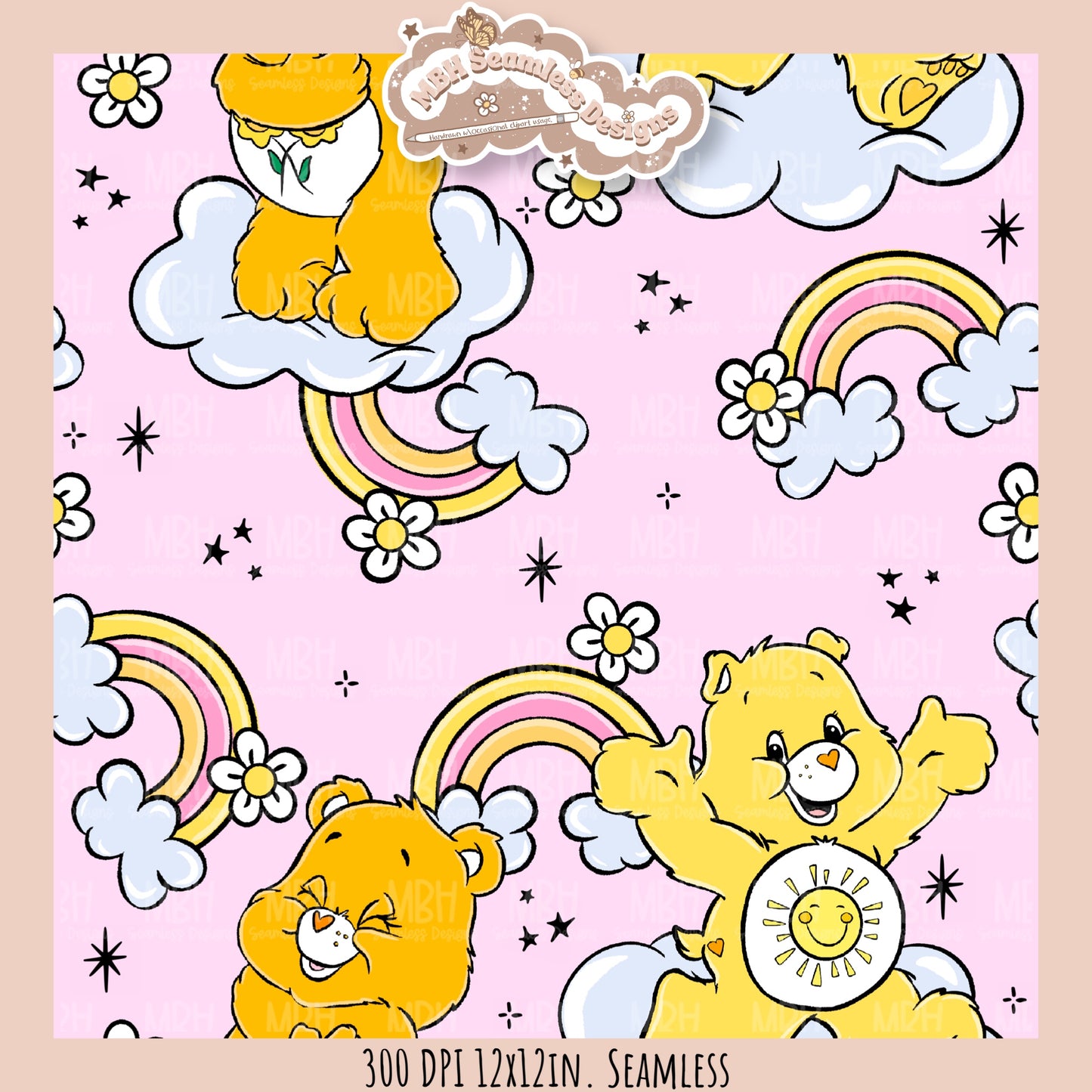 Rainbow Daisies Care Bears Seamless Pattern // Assorted Colorways