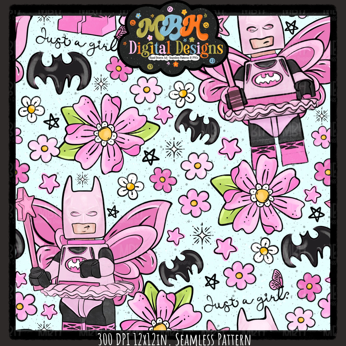 Floral Batgirl Seamless Pattern // PNG // MULTIPLE COLORWAYS