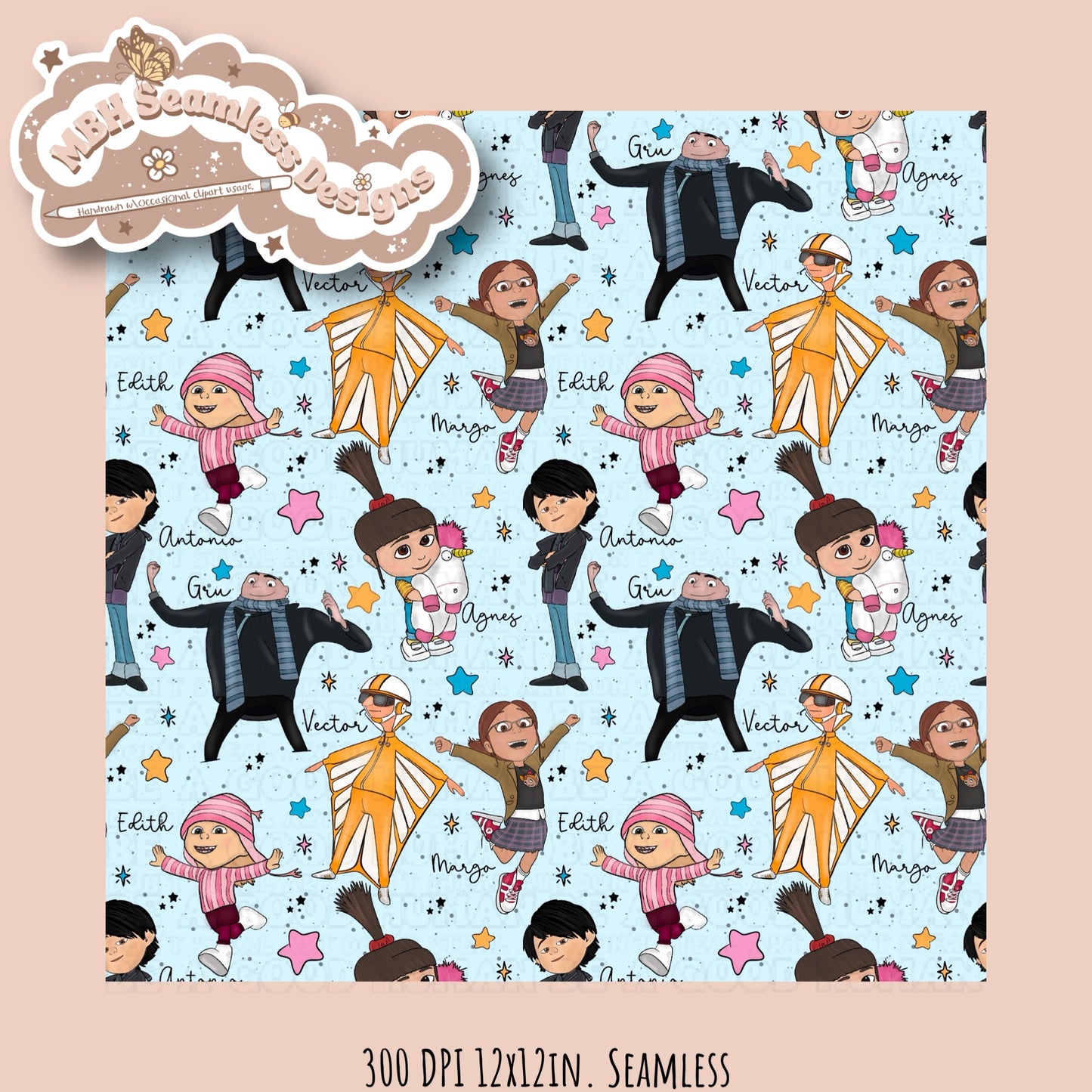 Despicable Me Character Names Seamless Pattern MULTIPLE COLORWAYS