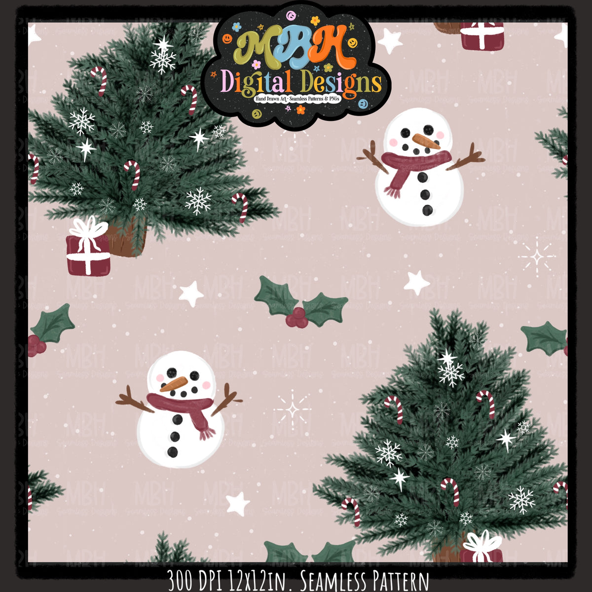 Xmas Trees and Snowmen Seamless Pattern // Assorted Colorways