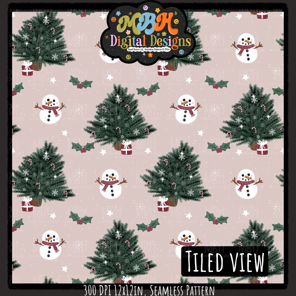 Xmas Trees and Snowmen Seamless Pattern // Assorted Colorways