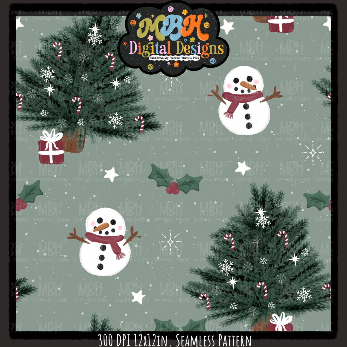 Xmas Trees and Snowmen Seamless Pattern // Assorted Colorways