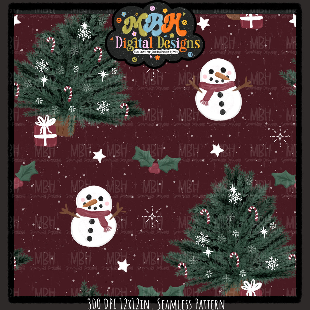 Xmas Trees and Snowmen Seamless Pattern // Assorted Colorways