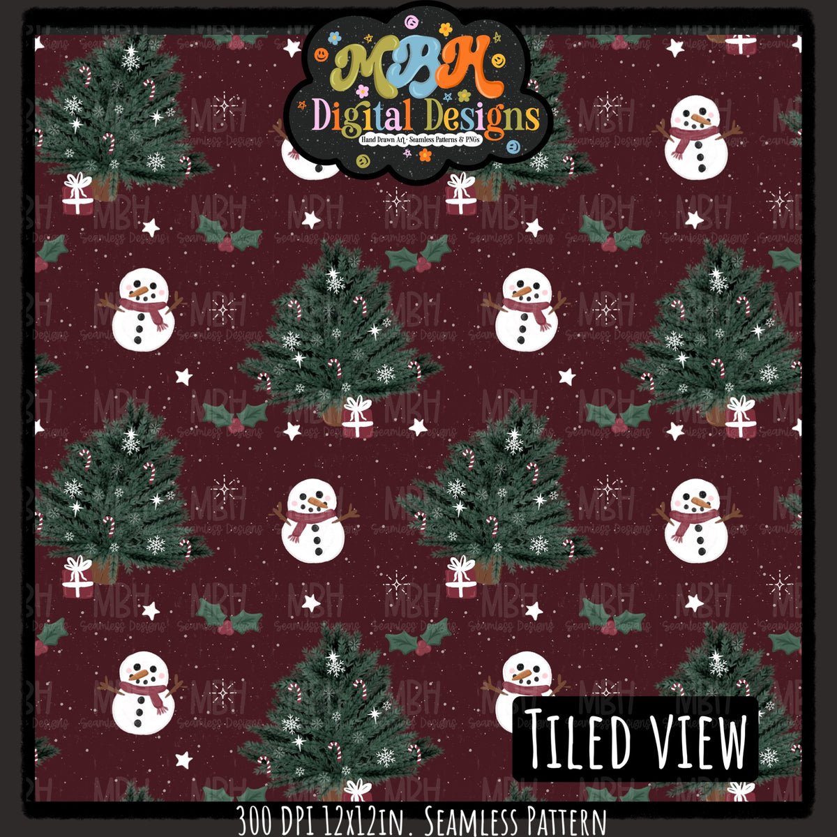 Xmas Trees and Snowmen Seamless Pattern // Assorted Colorways