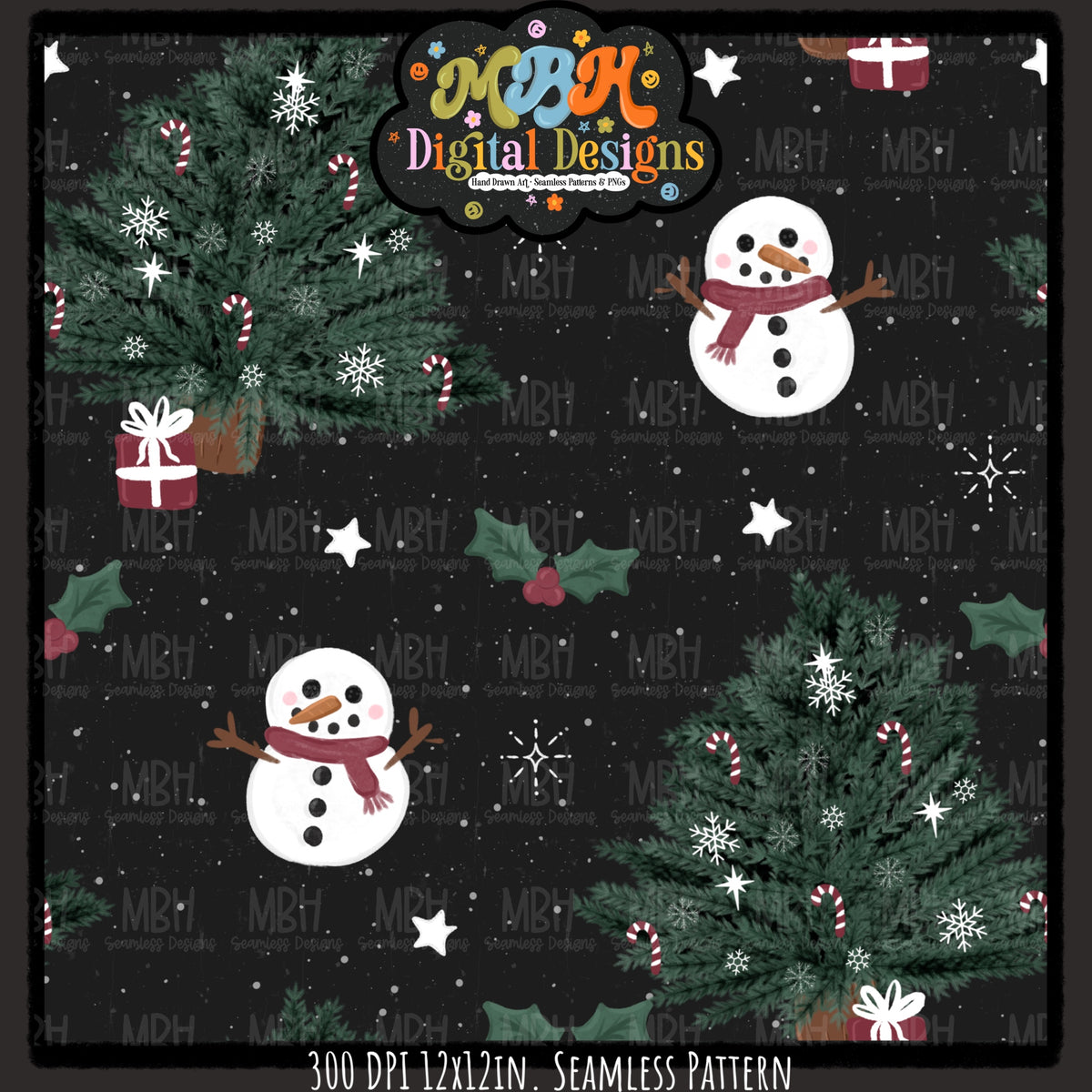Xmas Trees and Snowmen Seamless Pattern // Assorted Colorways