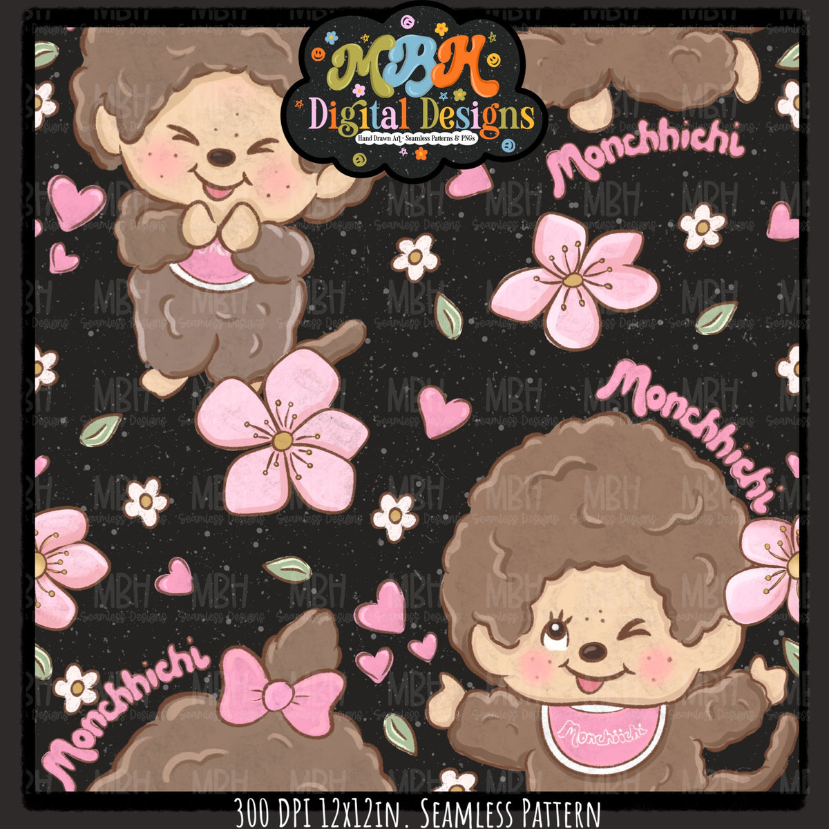 Monchhichi Seamless Pattern // PNG // Assorted Colorways