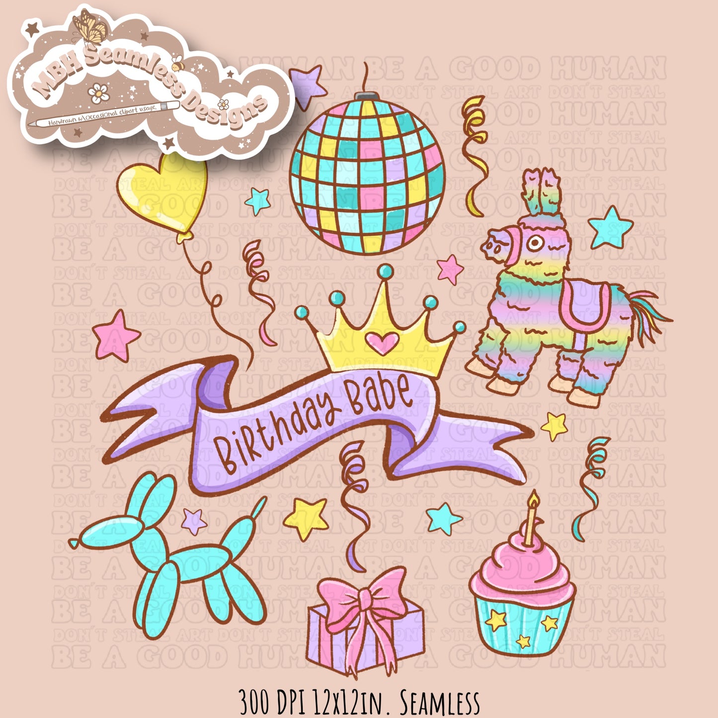 Girly Birthday Babe Seamless Pattern & PNG MULTIPLE COLORWAY OPTIONS