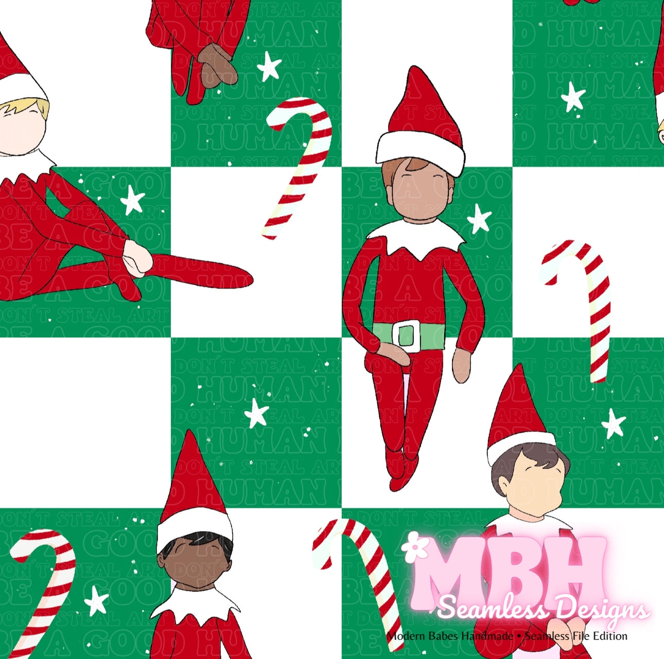 Checkered Elf on the Shelf Seamless Pattern