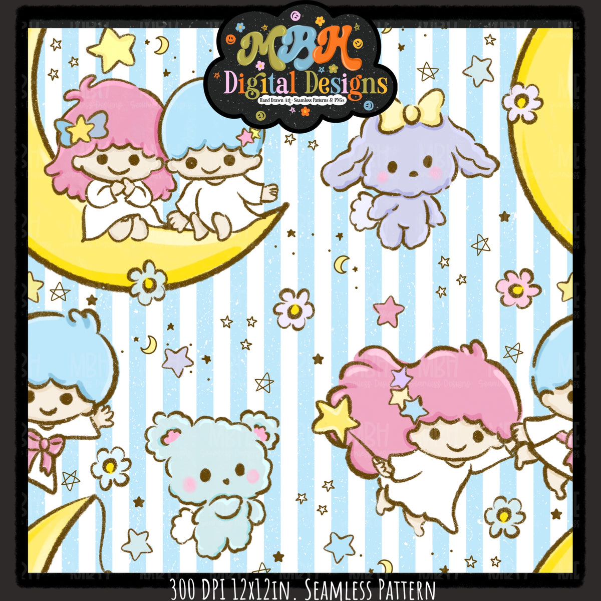 Little Twin Stars Seamless Pattern // PNG // Assorted Colorways
