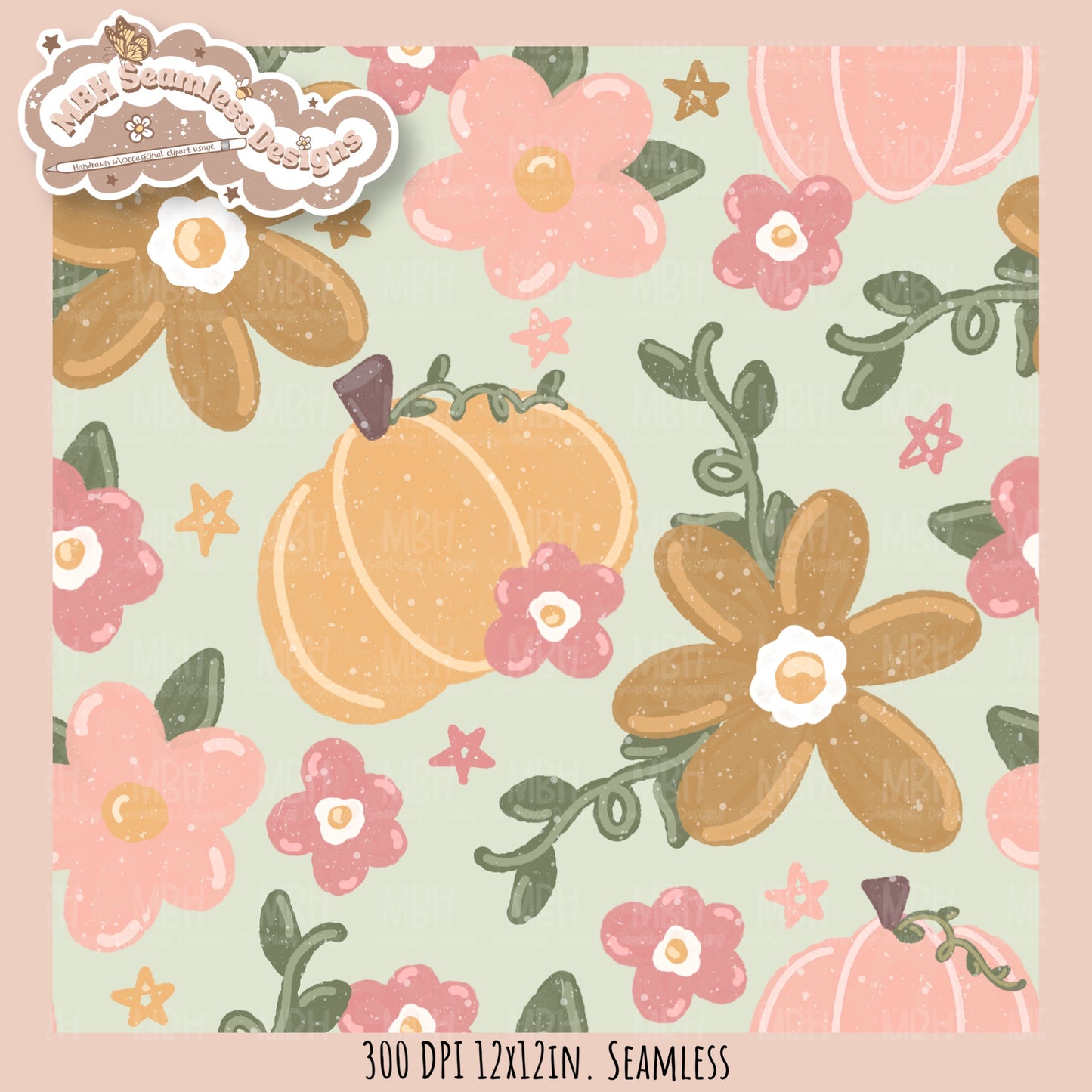 Dusty Fall Floral Pumpkins Seamless Pattern•Multiple Colorways