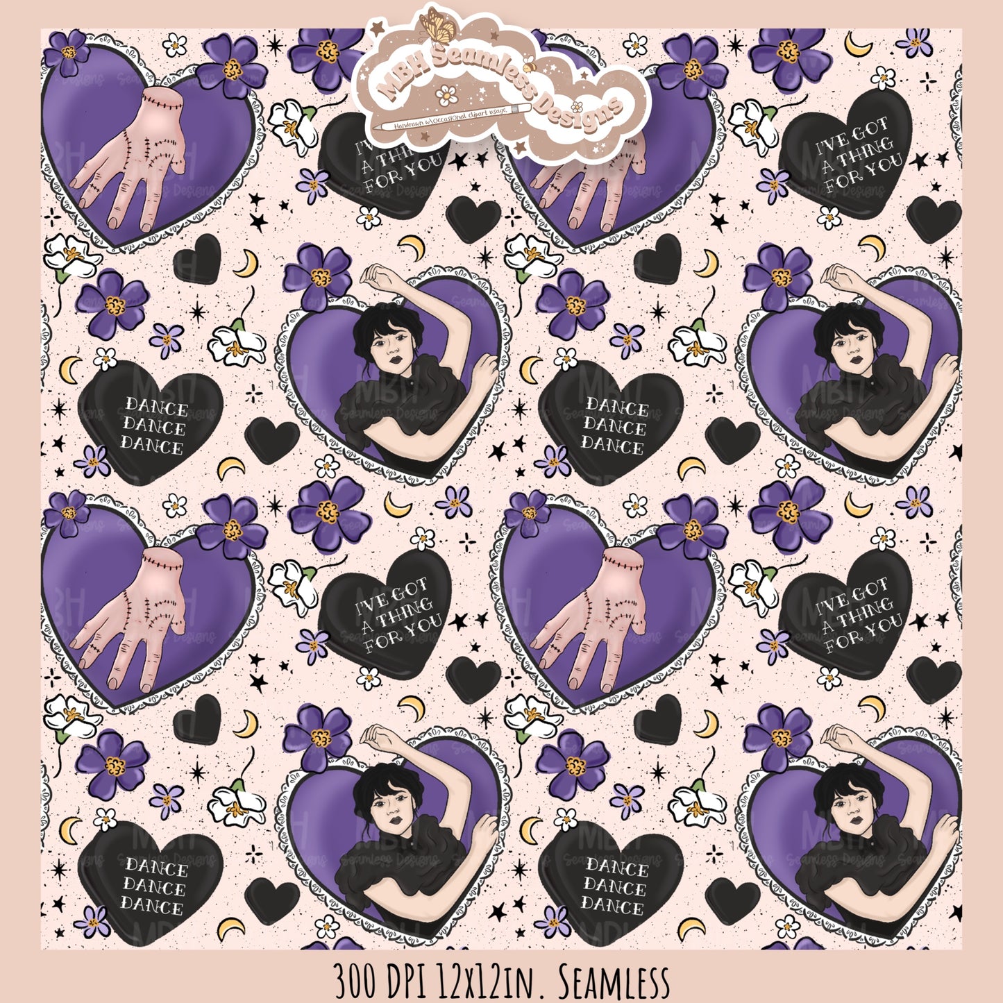 Wednesday Purple Tattoo Hearts Seamless Pattern // PNG // Assorted Colorways
