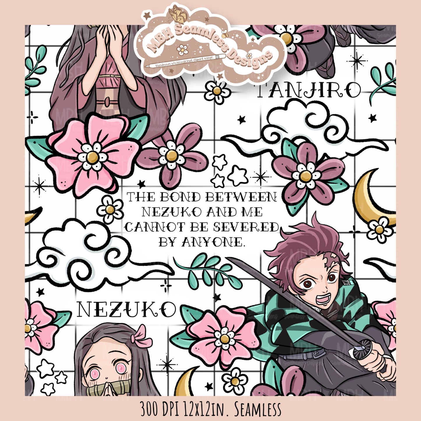 Tanjiro Nezuko Quote Floral Seamless Pattern // PNG // MULTIPLE COLORWAY OPTIONS