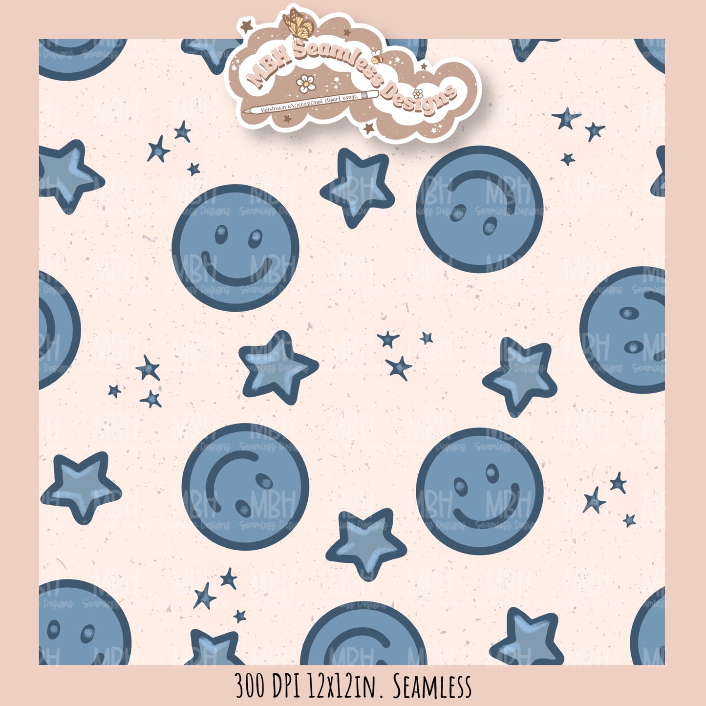 Blue Starry Smilies Seamless Pattern MULTIPLE COLORWAYS