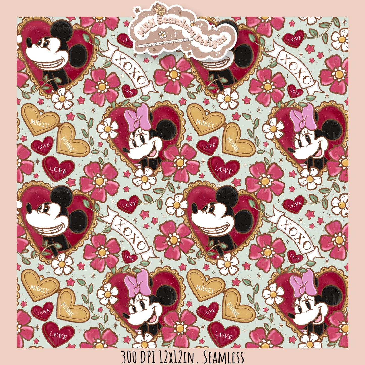 Tattoo FloralMouse Hearts Seamless Pattern // PNG //Multiple Colorways