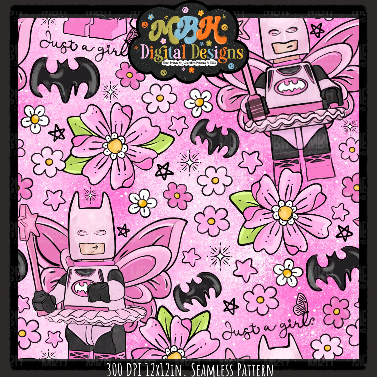 Floral Batgirl Seamless Pattern // PNG // MULTIPLE COLORWAYS