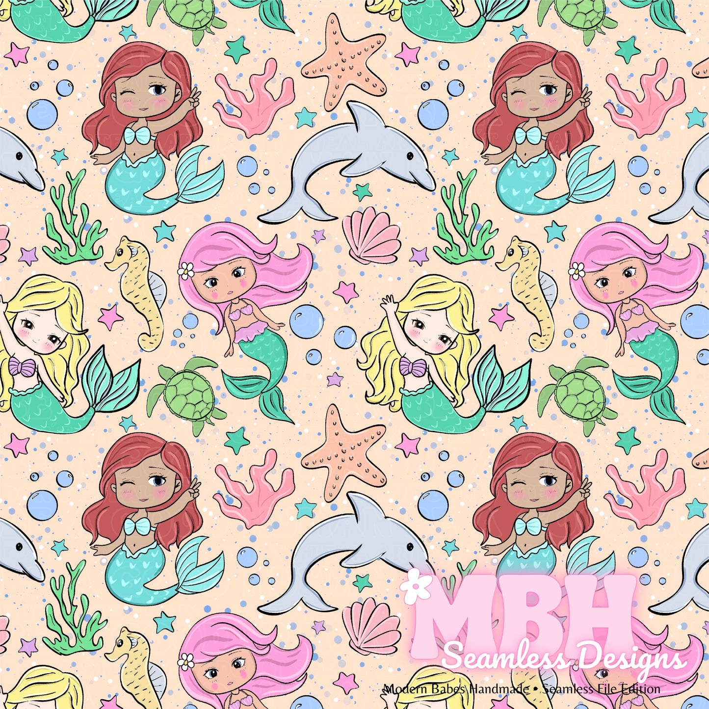 Chibi Mermaids Seamless Pattern MULTIPLE COLORWAYS