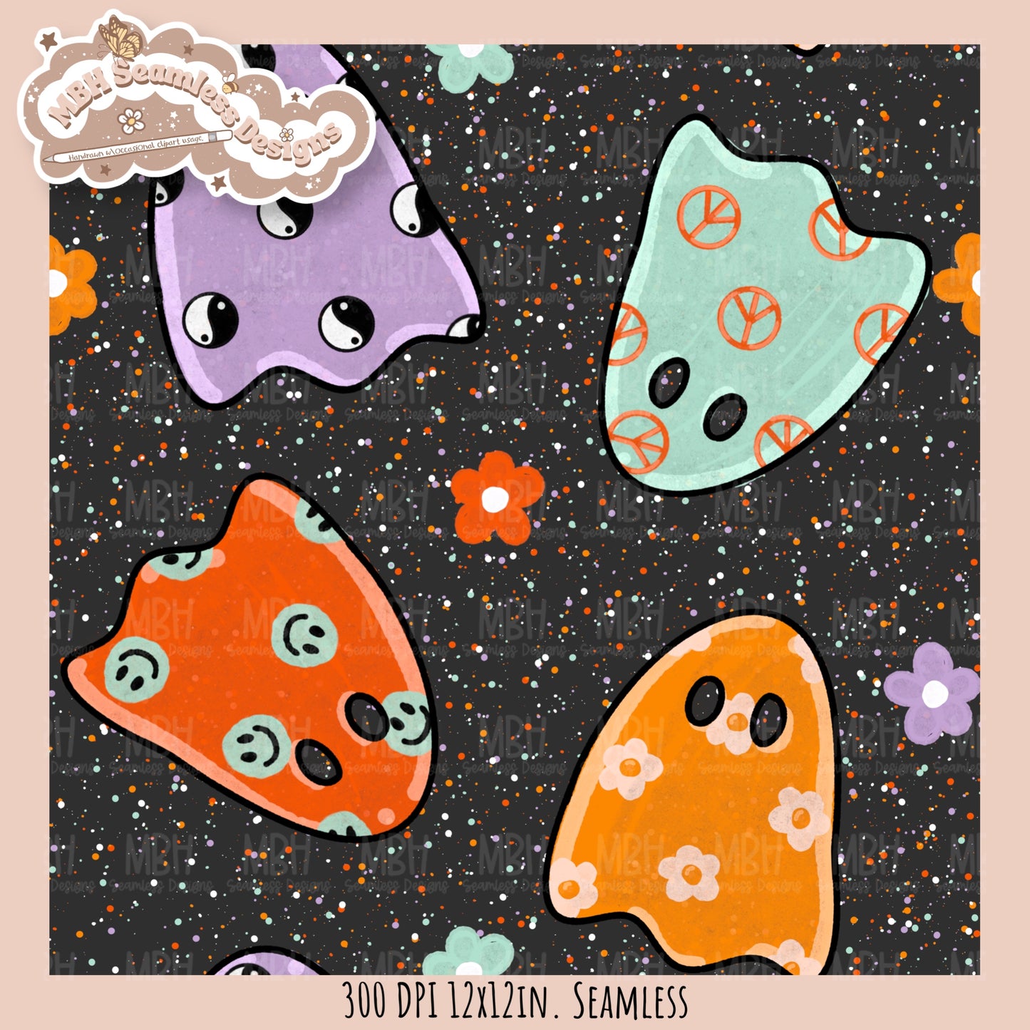 Groovy Ghouls Seamless Pattern // PNG // Assorted Colorway Options