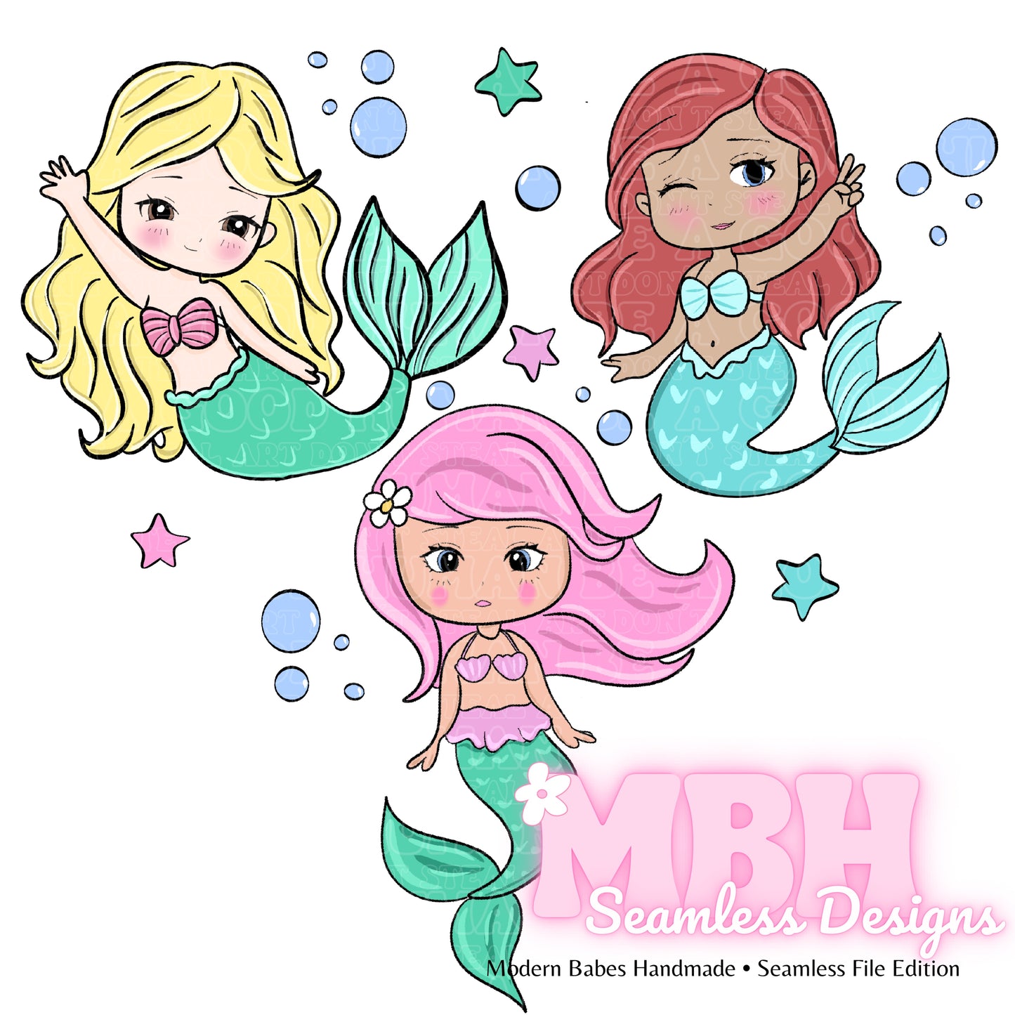 Chibi Mermaids Seamless Pattern MULTIPLE COLORWAYS