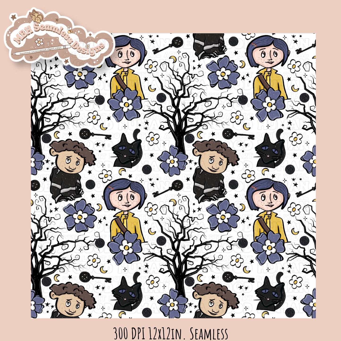 Bohemian Floral Button Eye Girl Seamless Pattern // PNG // Assorted Colorway Options