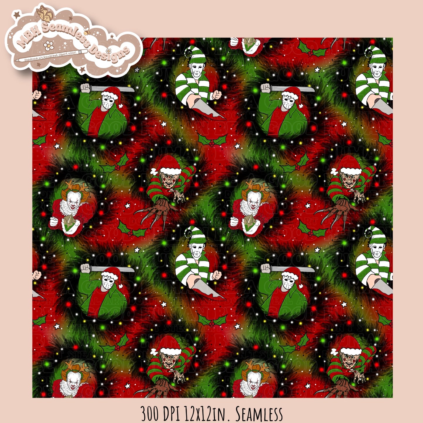 Christmas Horror Mashup Seamless Pattern MULTIPLE COLORWAY OPTIONS