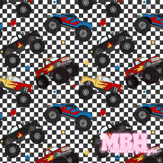 Checkered Monster Trucks Seamless Pattern