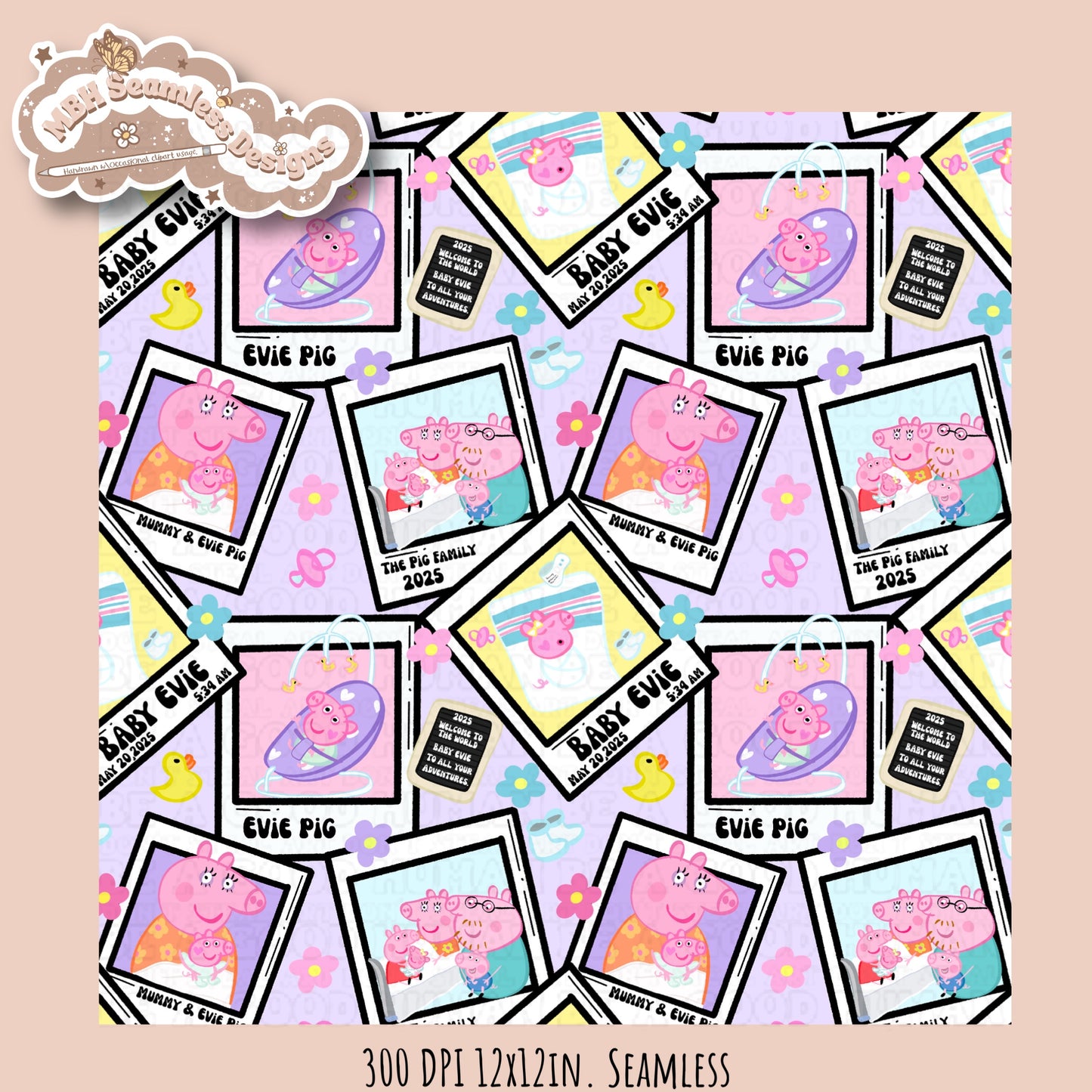 Black Outline Evie Pig Polaroids Seamless Pattern • Multiple Colorway Options