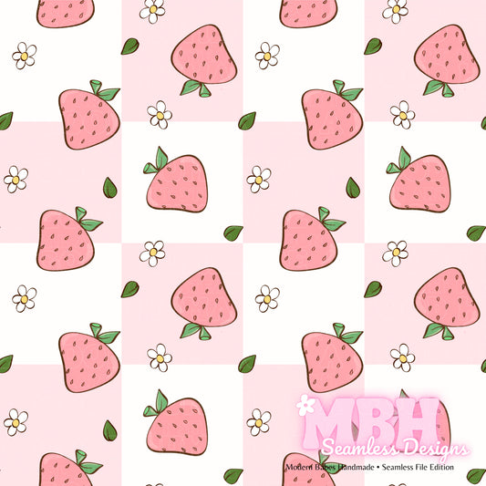 Checkered Pink Strawberries Seamless Pattern