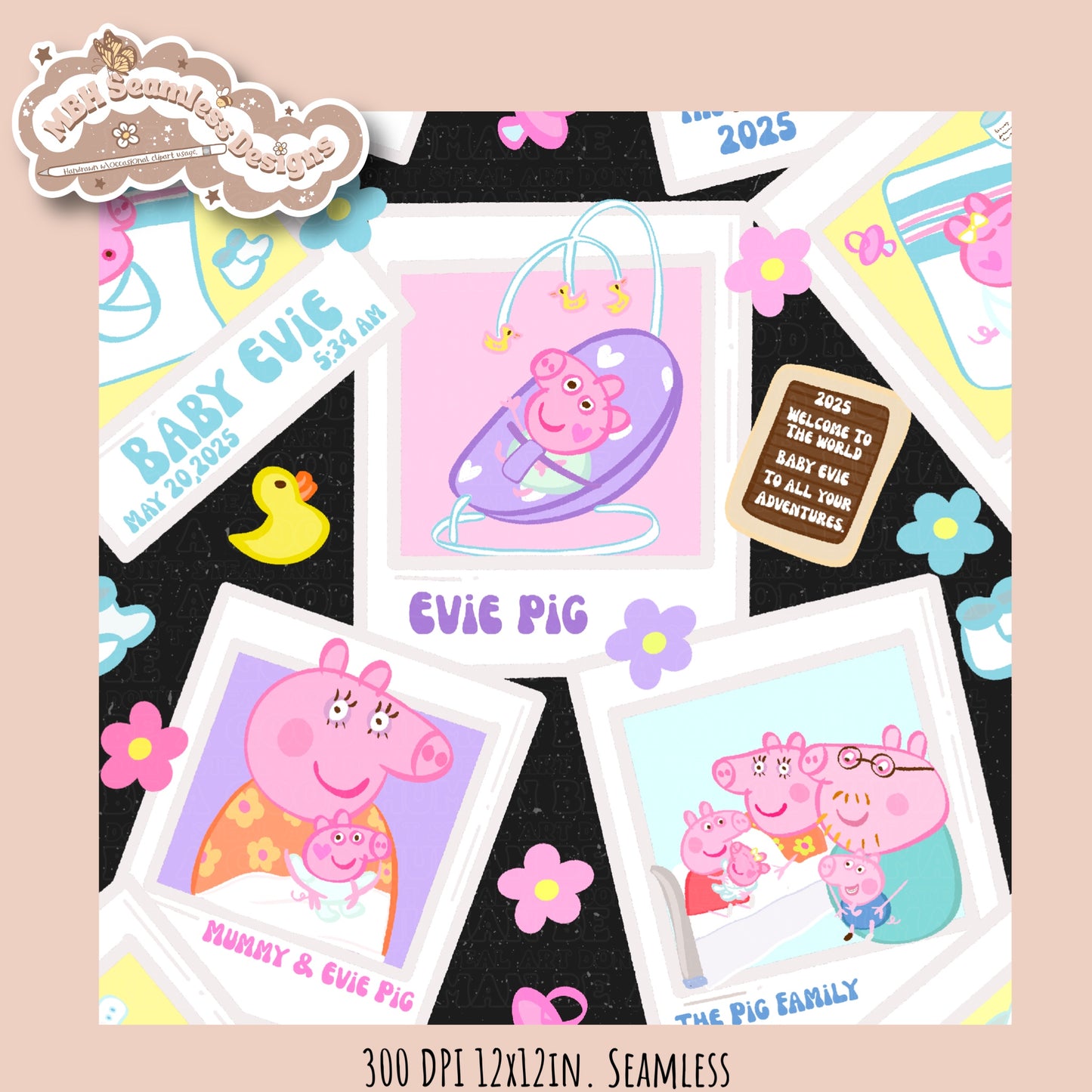 Evie Pig Polaroids Seamless Pattern • Multiple Colorway Options
