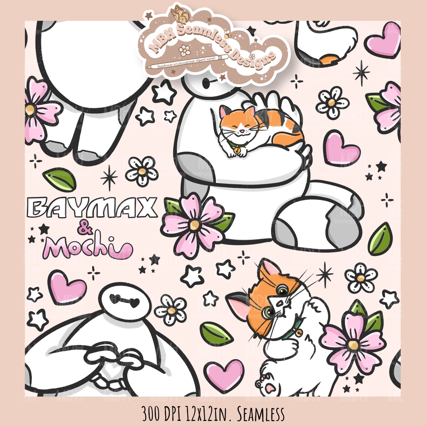 Floral Baymax Mochi Seamless Pattern // Multiple Colorway Options