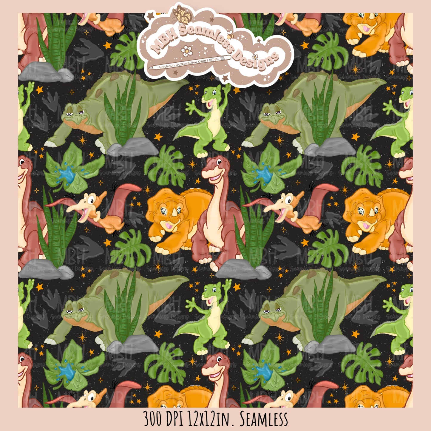 Starry LBT Dinosaurs Seamless Pattern // Multiple Colorway Options