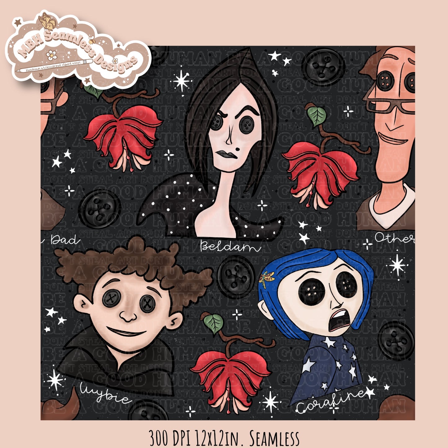 Bleeding Hearts Button Eyes Seamless Pattern Multiple Colorway Options