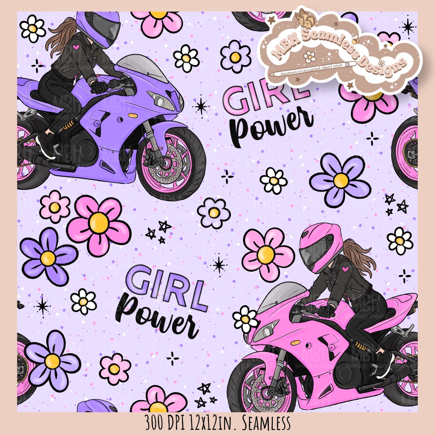 Moto Girl Power Seamless Pattern // PNG // Assorted Colorway Options