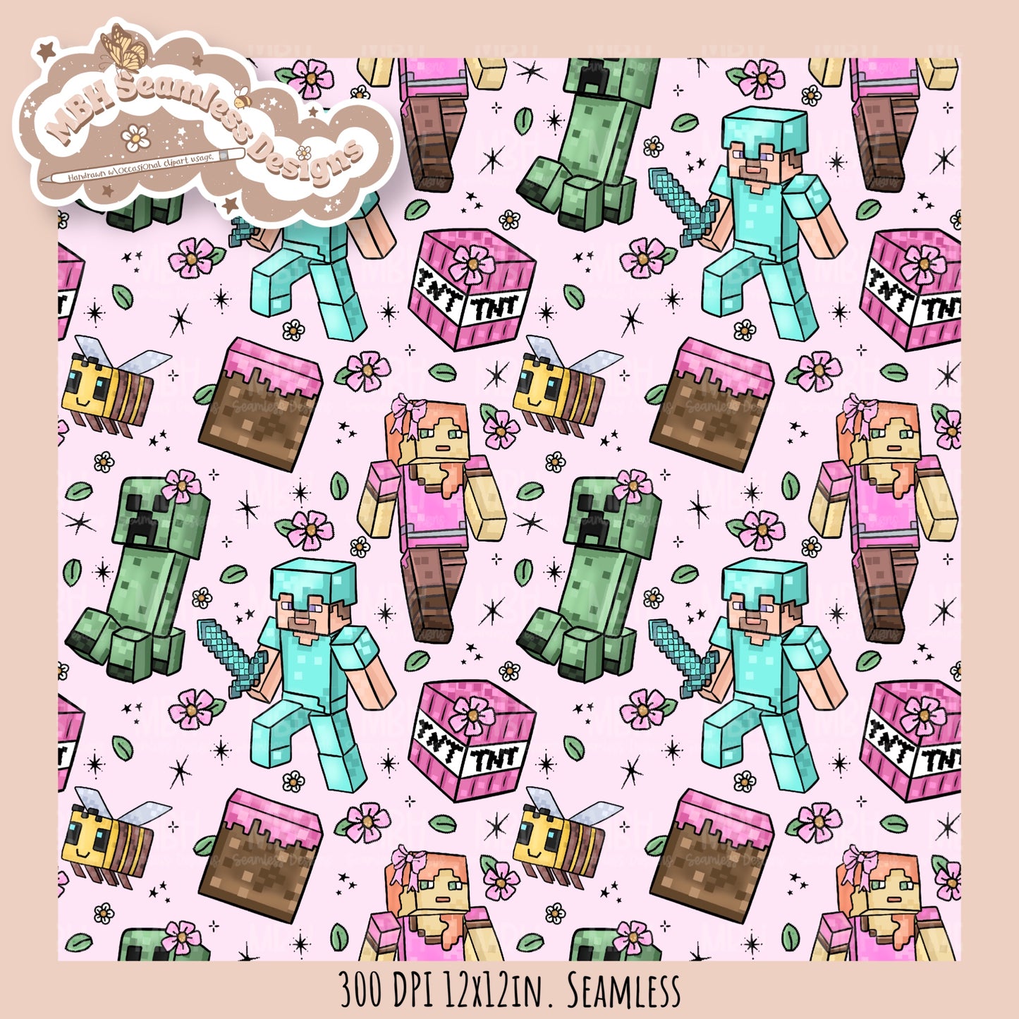Girly Minecraft Seamless Pattern MULTIPLE COLORWAYS