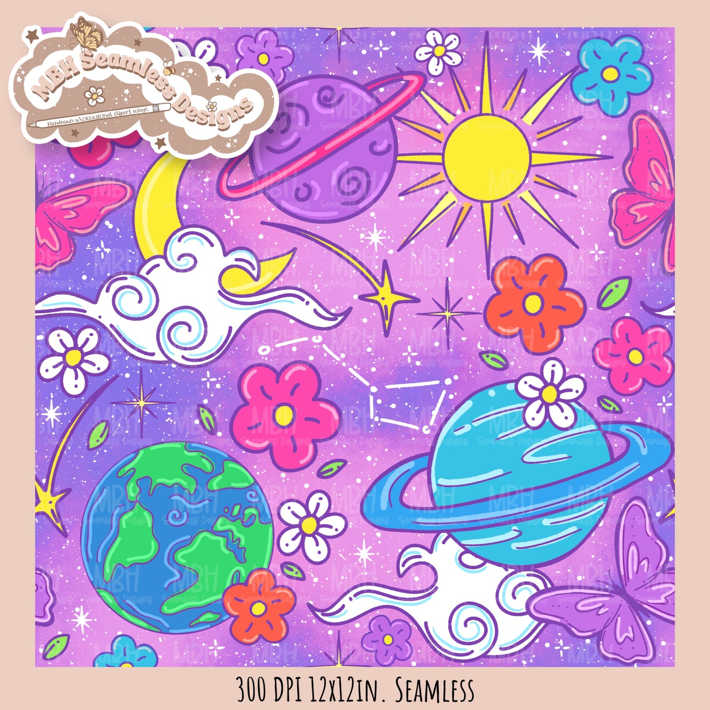 Bright Galaxy Floral Seamless Pattern Multiple Colorways