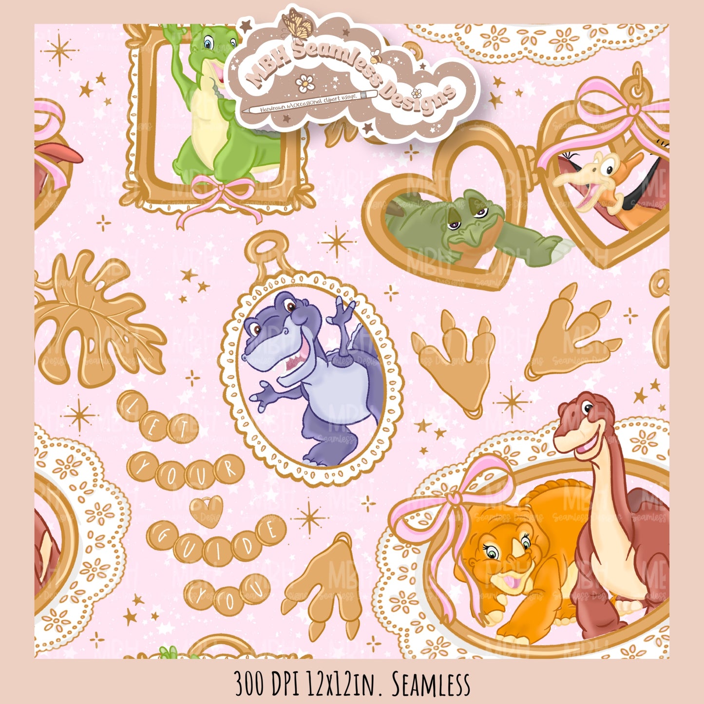 LBT Dinosaur Gold Charms Seamless Pattern // PNG // Multiple Colorway Options