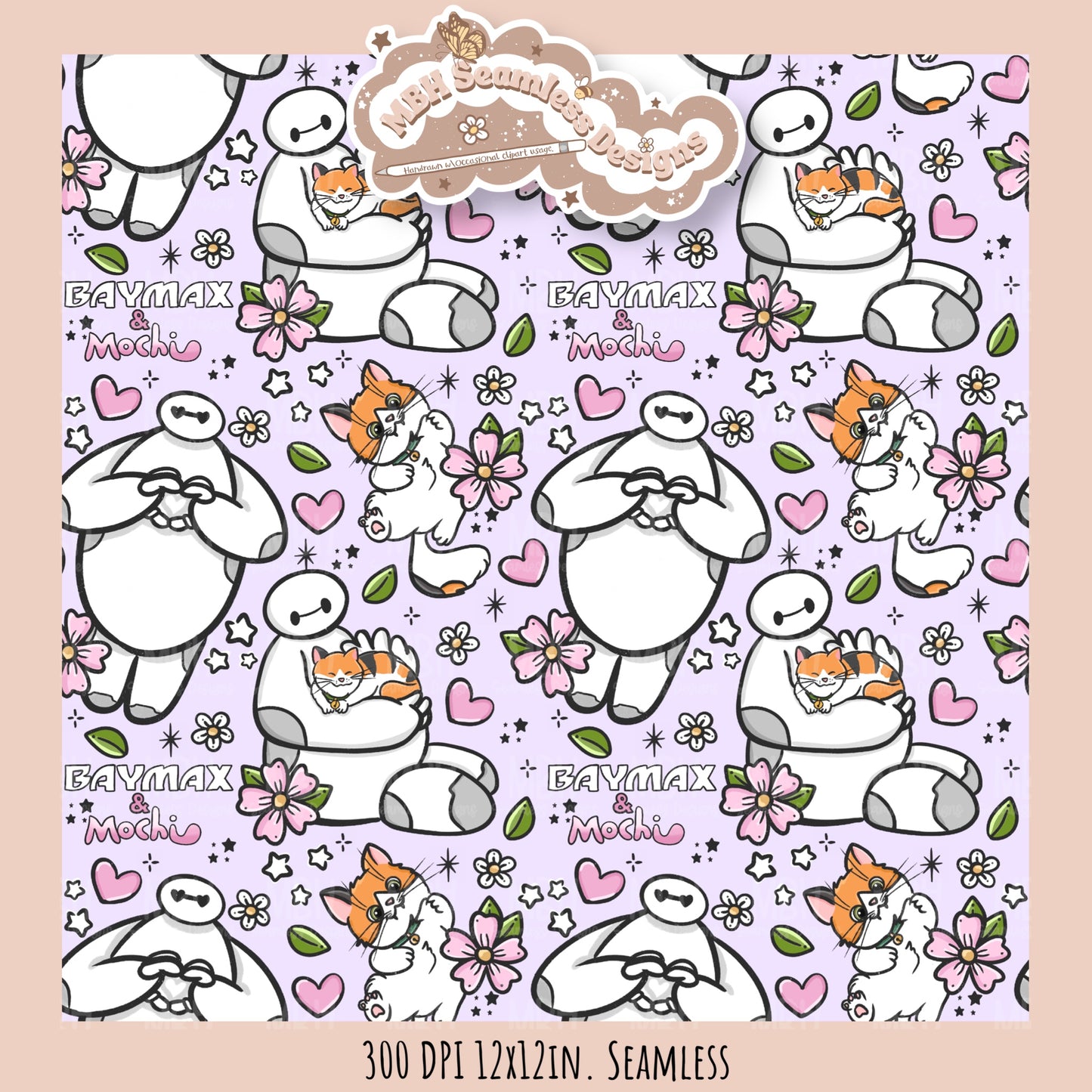 Floral Baymax Mochi Seamless Pattern // Multiple Colorway Options