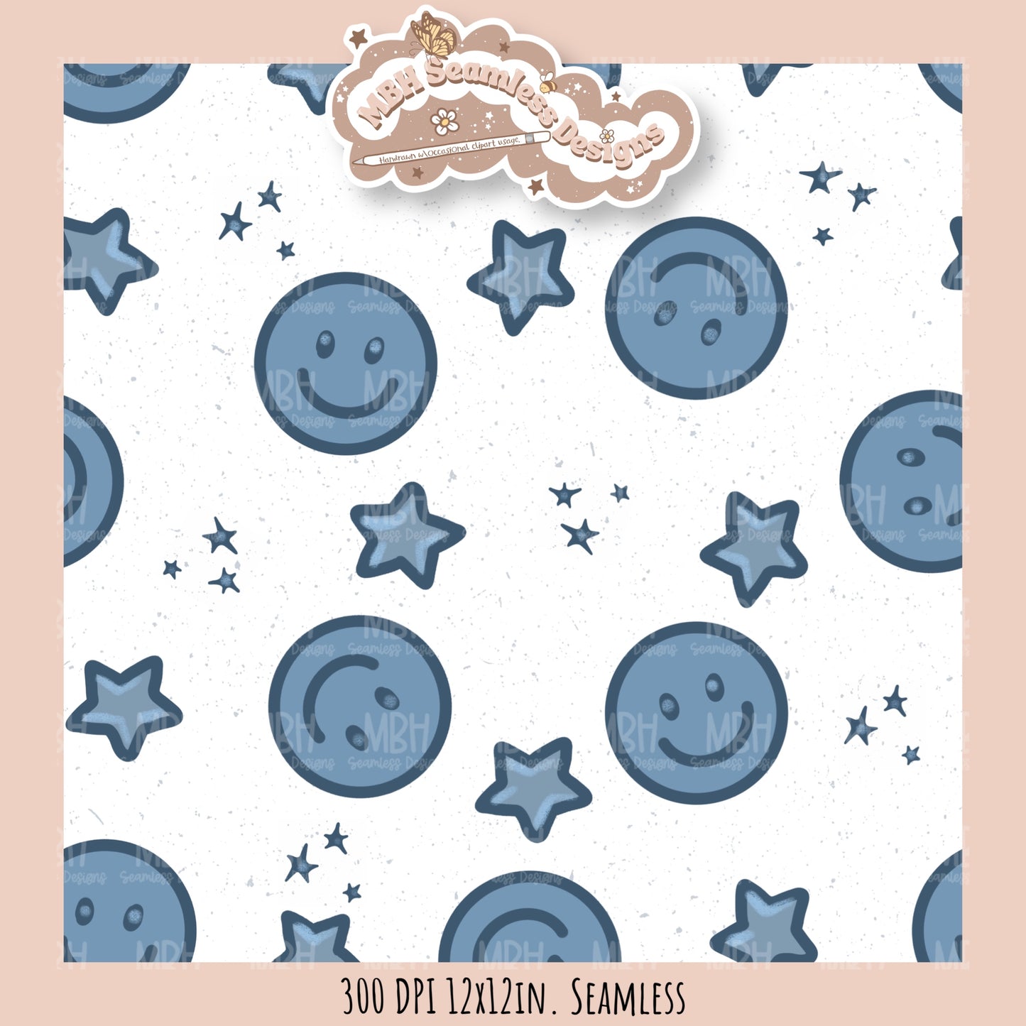 Blue Starry Smilies Seamless Pattern MULTIPLE COLORWAYS
