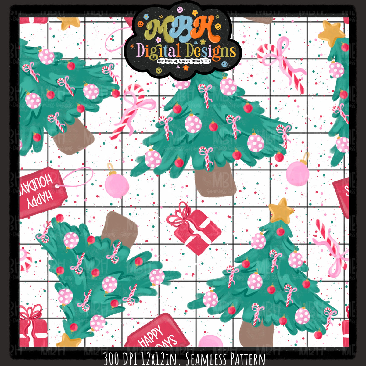 Happy Holiday Trees Seamless Pattern // PNG // MULTIPLE COLORWAYS