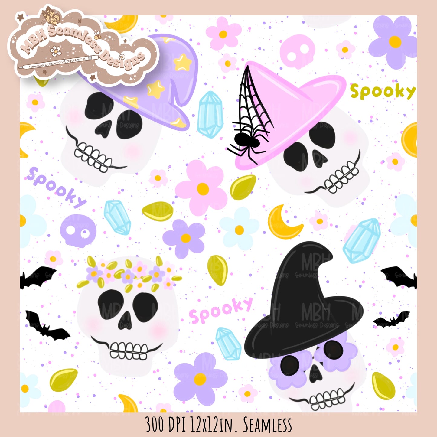 Boho Spooky Skulls Seamless Pattern // PNG // Assorted Colorway Options